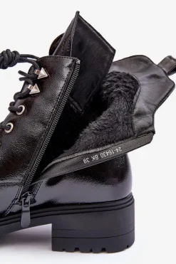 Discount Lakierowane Botki Workery Z Ozdobą Czarne Emmber Damskie Botki Płaskie|Botki Workery