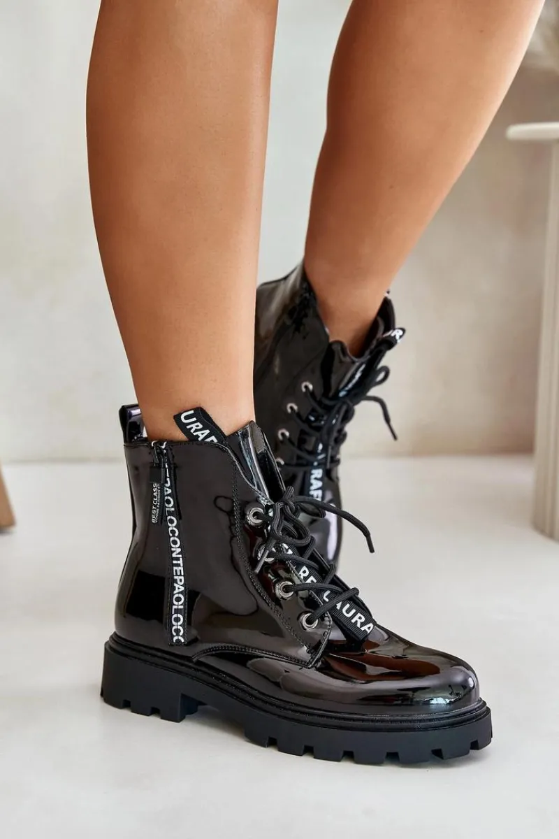 Sale Lakierowane Botki Workery Damskie Ocieplane Z Napisami Czarne Zinfreya Damskie Botki Sznurowane|Czarne Botki