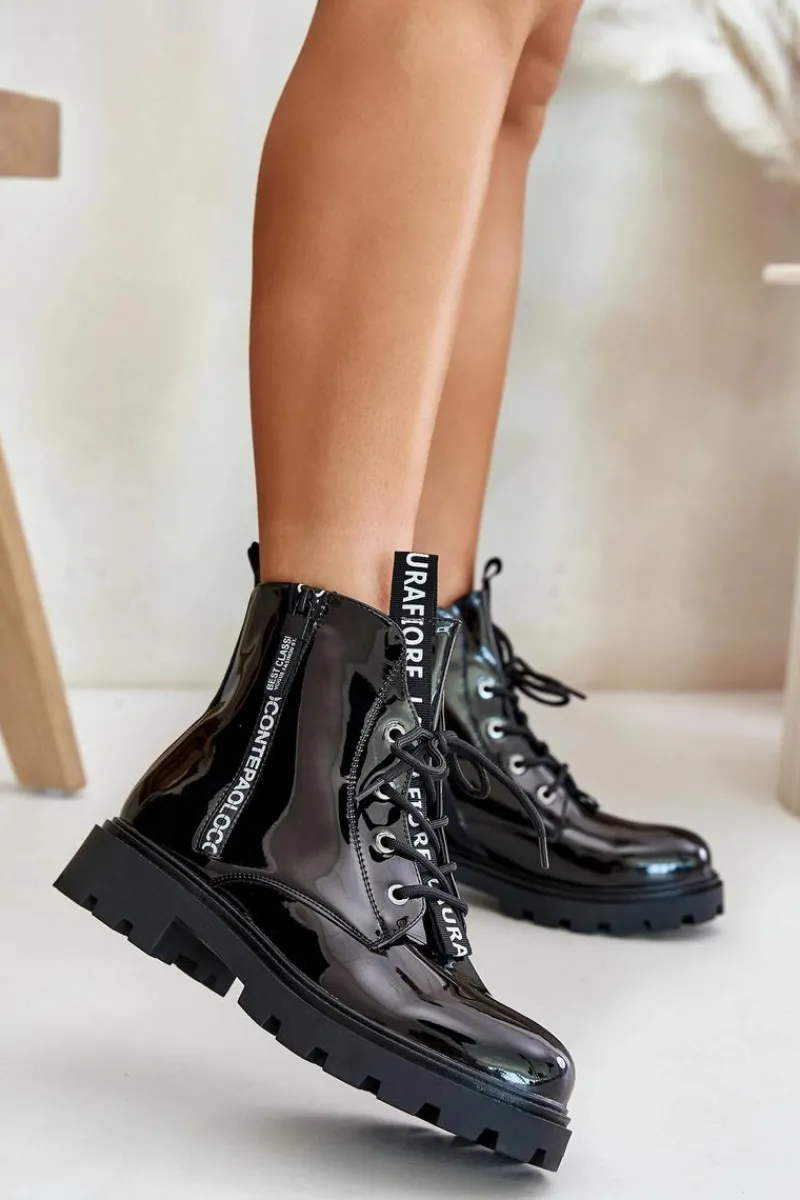 Sale Lakierowane Botki Workery Damskie Ocieplane Z Napisami Czarne Zinfreya Damskie Botki Sznurowane|Czarne Botki