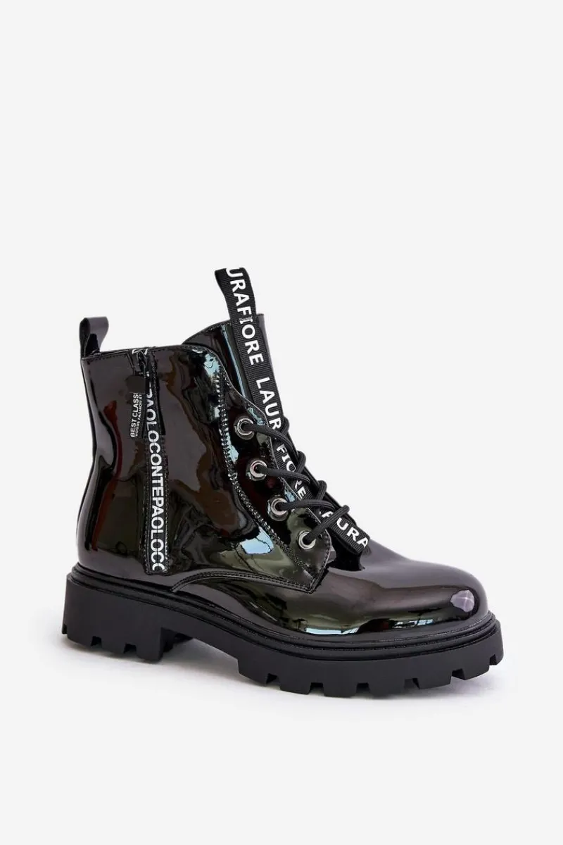 Sale Lakierowane Botki Workery Damskie Ocieplane Z Napisami Czarne Zinfreya Damskie Botki Sznurowane|Czarne Botki