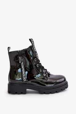 Sale Lakierowane Botki Workery Damskie Ocieplane Z Napisami Czarne Zinfreya Damskie Botki Sznurowane|Czarne Botki