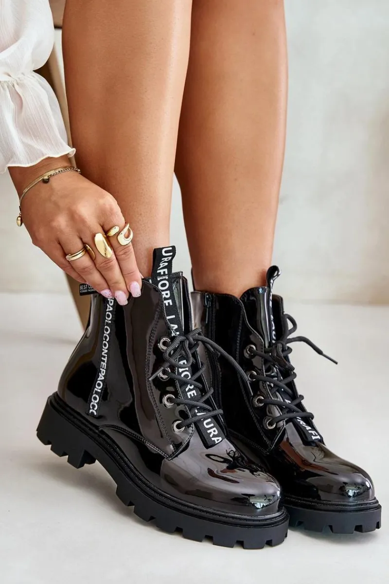 Sale Lakierowane Botki Workery Damskie Ocieplane Z Napisami Czarne Zinfreya Damskie Botki Sznurowane|Czarne Botki