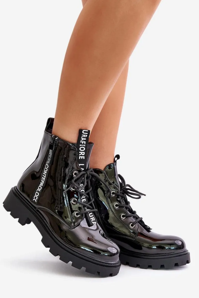 Sale Lakierowane Botki Workery Damskie Ocieplane Z Napisami Czarne Zinfreya Damskie Botki Sznurowane|Czarne Botki