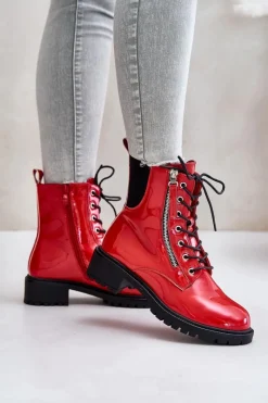 New Lakierowane Botki Workery Na Zamek Ocieplane Czerwone Ravanthia Damskie Botki Sznurowane|Botki Płaskie