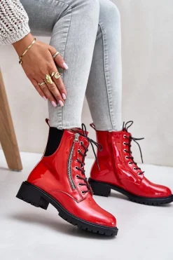 New Lakierowane Botki Workery Na Zamek Ocieplane Czerwone Ravanthia Damskie Botki Sznurowane|Botki Płaskie