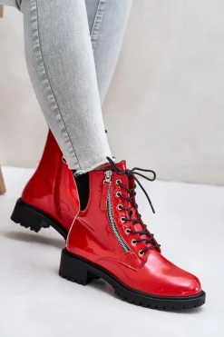New Lakierowane Botki Workery Na Zamek Ocieplane Czerwone Ravanthia Damskie Botki Sznurowane|Botki Płaskie