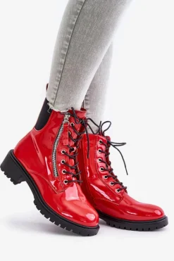 New Lakierowane Botki Workery Na Zamek Ocieplane Czerwone Ravanthia Damskie Botki Sznurowane|Botki Płaskie