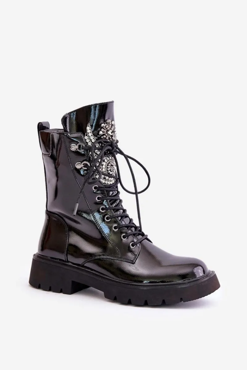 New Damskie buty S.Barski Lakierowane Botki Workery Ze Zdobieniem Ocieplane D&A MR880-080 Czarne Czarny