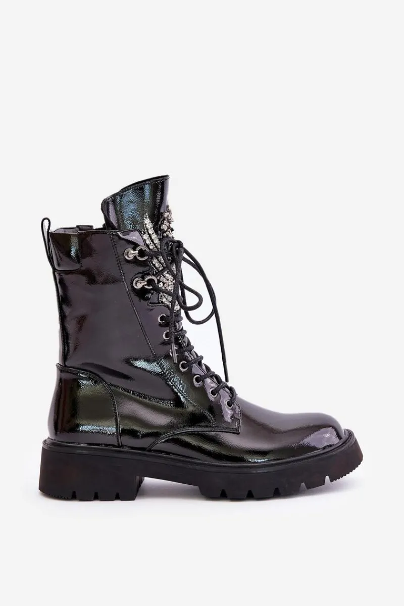 New Damskie buty S.Barski Lakierowane Botki Workery Ze Zdobieniem Ocieplane D&A MR880-080 Czarne Czarny