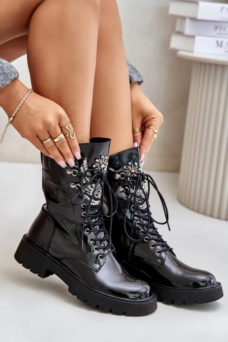 New Damskie buty S.Barski Lakierowane Botki Workery Ze Zdobieniem Ocieplane D&A MR880-080 Czarne Czarny