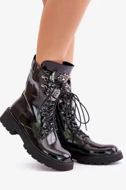 New Damskie buty S.Barski Lakierowane Botki Workery Ze Zdobieniem Ocieplane D&A MR880-080 Czarne Czarny