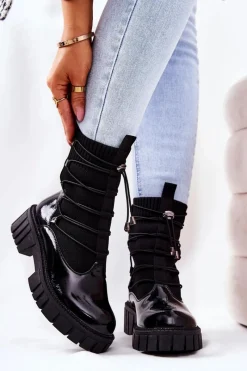 Outlet Boto Lakierowane Botki Workery Ze Skarpetą Czarne Connor