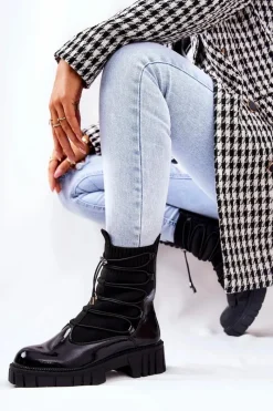 Outlet Boto Lakierowane Botki Workery Ze Skarpetą Czarne Connor