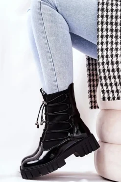 Outlet Boto Lakierowane Botki Workery Ze Skarpetą Czarne Connor