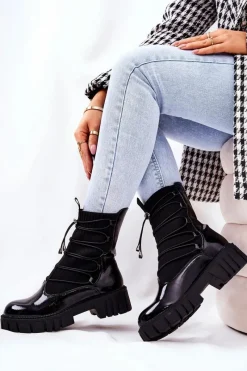 Outlet Boto Lakierowane Botki Workery Ze Skarpetą Czarne Connor