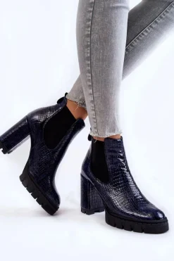 Outlet Boto Lakierowane Botki Wężowy Wzór Na Słupku Granatowe Eldey