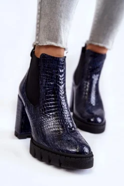 Outlet Boto Lakierowane Botki Wężowy Wzór Na Słupku Granatowe Eldey