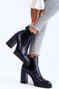 Outlet Boto Lakierowane Botki Wężowy Wzór Na Słupku Granatowe Eldey