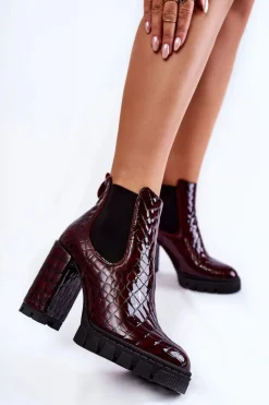 Outlet Lakierowane Botki Wężowy Wzór Na Słupku Bordowe Eldey Damskie Botki Ocieplane|Damskie Trapery