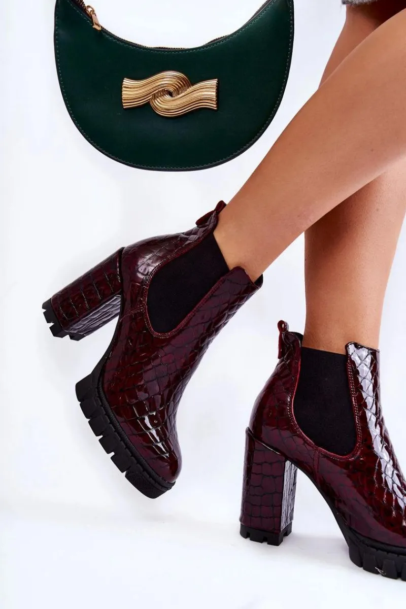 Outlet Lakierowane Botki Wężowy Wzór Na Słupku Bordowe Eldey Damskie Botki Ocieplane|Damskie Trapery