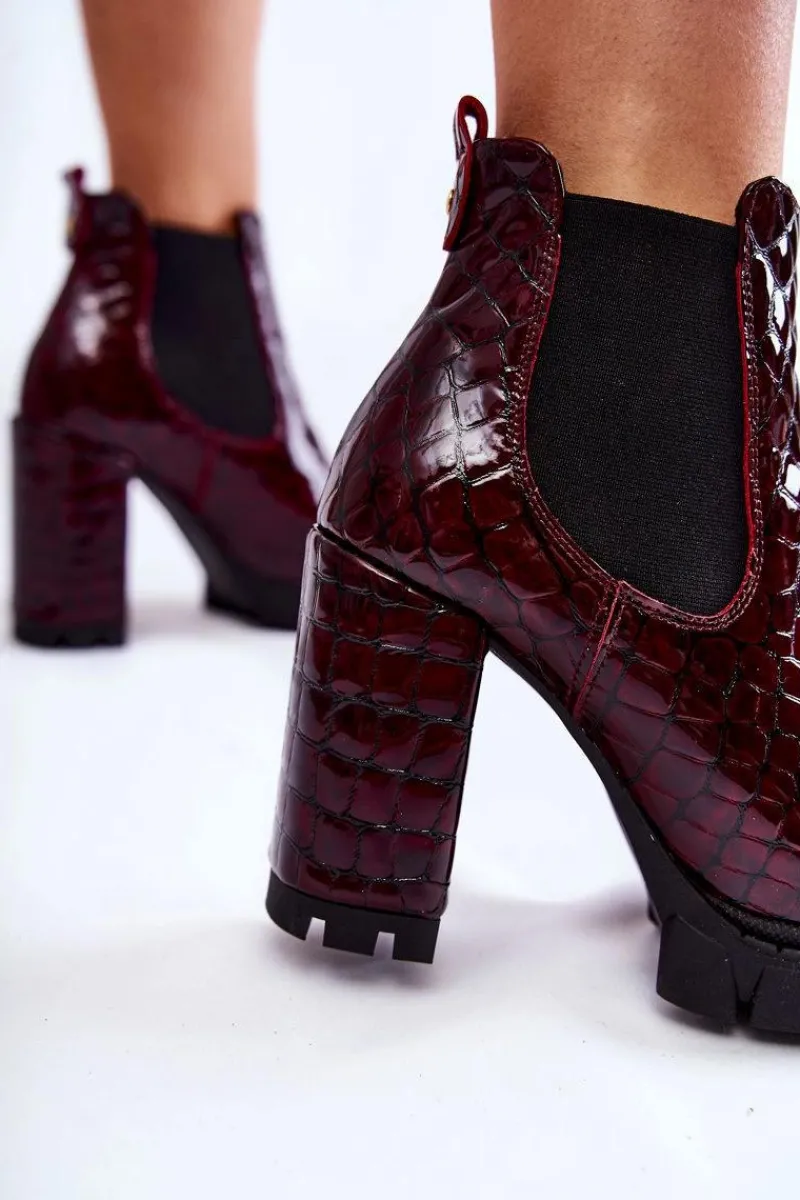 Outlet Lakierowane Botki Wężowy Wzór Na Słupku Bordowe Eldey Damskie Botki Ocieplane|Damskie Trapery