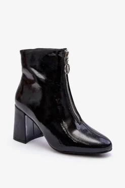 Lakierowane Botki Z Ozdobnym Zamkiem Czarne Sevil Damskie Botki Na Słupku|Czarne Botki