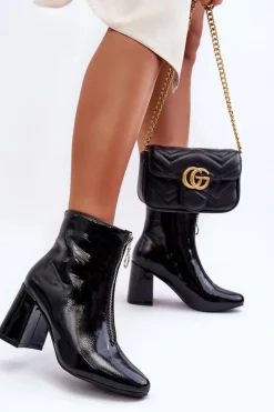 Lakierowane Botki Z Ozdobnym Zamkiem Czarne Sevil Damskie Botki Na Słupku|Czarne Botki