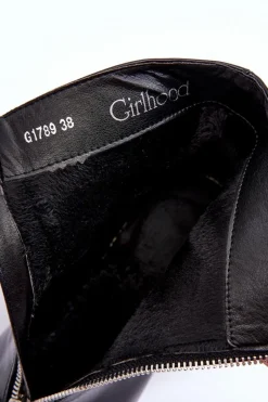 Lakierowane Botki Z Ozdobnym Zamkiem Czarne Sevil Damskie Botki Na Słupku|Czarne Botki