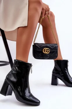 Lakierowane Botki Z Ozdobnym Zamkiem Czarne Sevil Damskie Botki Na Słupku|Czarne Botki