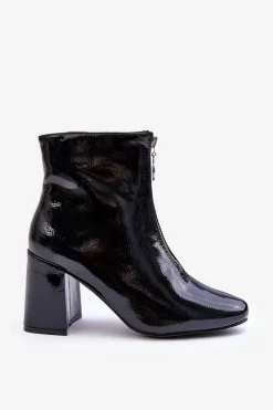 Lakierowane Botki Z Ozdobnym Zamkiem Czarne Sevil Damskie Botki Na Słupku|Czarne Botki