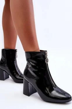 Lakierowane Botki Z Ozdobnym Zamkiem Czarne Sevil Damskie Botki Na Słupku|Czarne Botki