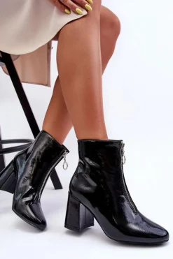 Lakierowane Botki Z Ozdobnym Zamkiem Czarne Sevil Damskie Botki Na Słupku|Czarne Botki