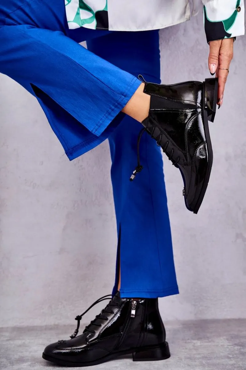 Czarne Botki|Botki Zimowe Damskie>Damskie buty S.Barski Lakierowane Botki Z Ozdobą Czarne Betrix