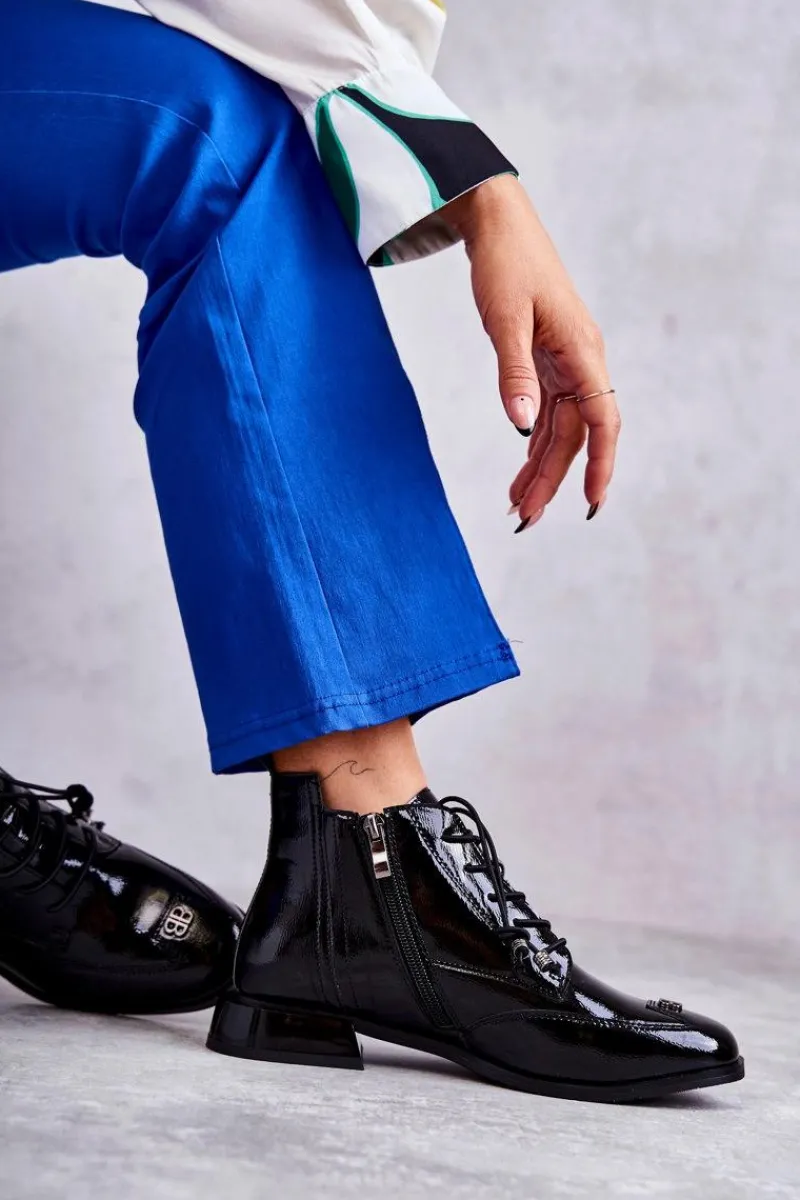 Czarne Botki|Botki Zimowe Damskie>Damskie buty S.Barski Lakierowane Botki Z Ozdobą Czarne Betrix