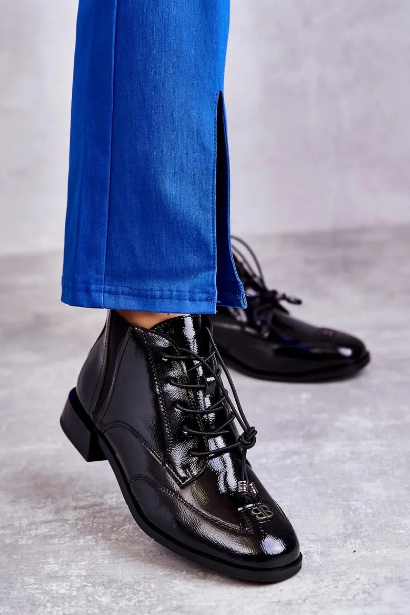 Czarne Botki|Botki Zimowe Damskie>Damskie buty S.Barski Lakierowane Botki Z Ozdobą Czarne Betrix