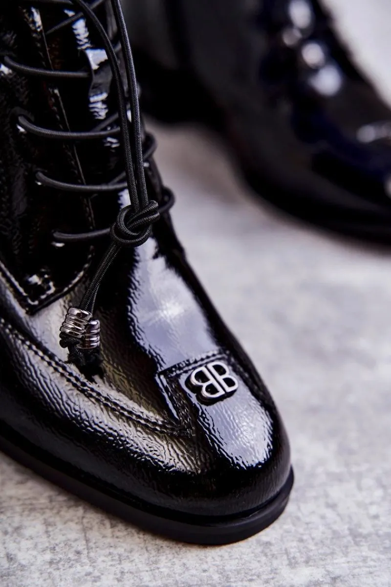 Czarne Botki|Botki Zimowe Damskie>Damskie buty S.Barski Lakierowane Botki Z Ozdobą Czarne Betrix