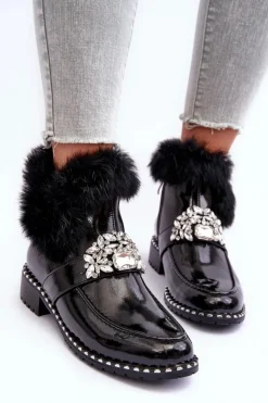 New Damskie buty S.Barski Lakierowane Botki Z Ozdobą I Futerkiem S.Barski MR870-73 Czarne