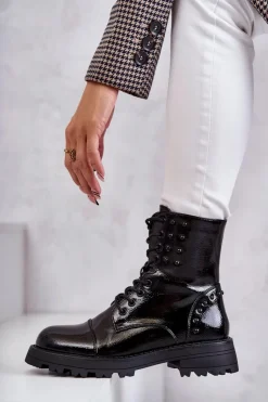 Hot Boto Lakierowane Botki Z Ćwiekami Czarne Palmira