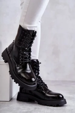 Hot Boto Lakierowane Botki Z Ćwiekami Czarne Palmira