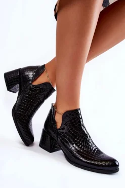 Boto Lakierowane Botki Z Wycięciami Krokodyli Wzór Czarne Dalros