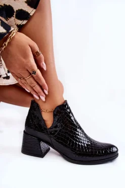 Boto Lakierowane Botki Z Wycięciami Krokodyli Wzór Czarne Dalros