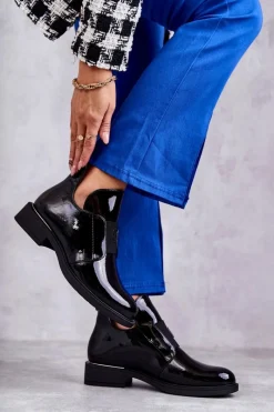 Best Buty damskie Vinceza Lakierowane Botki Z Wycięciami Na Płaskim Obcasie Czarne Eunice