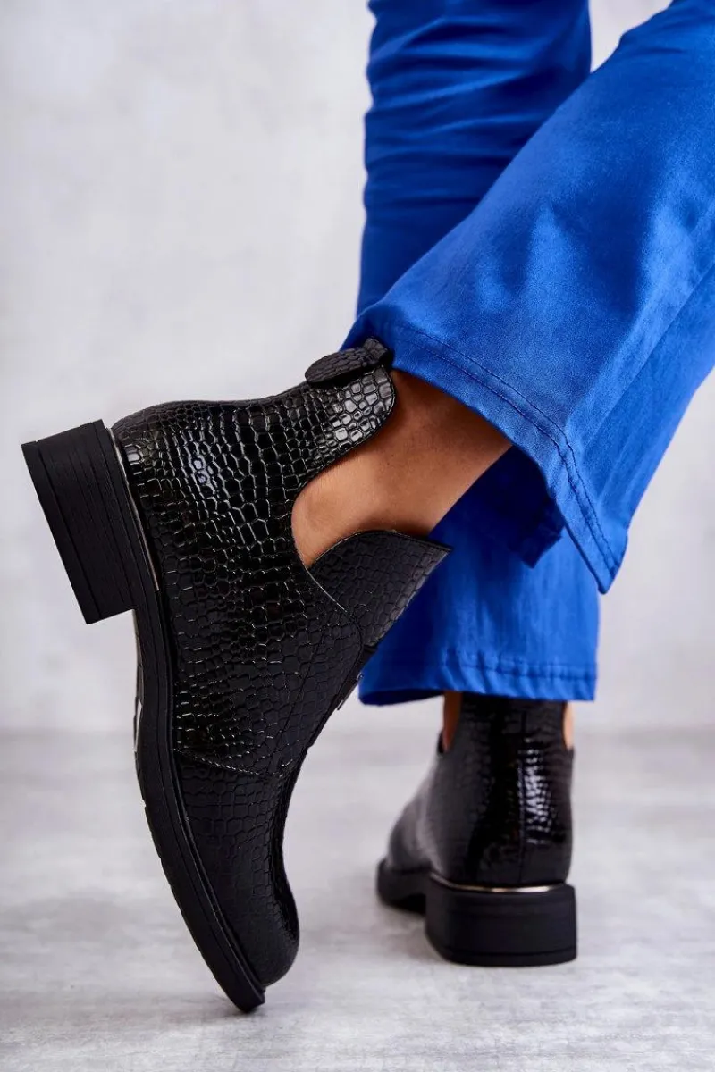 Lakierowane Botki Z Wycięciami Na Płaskim Obcasie Czarne Eunice Damskie Czarne Botki|Botki Zimowe Damskie