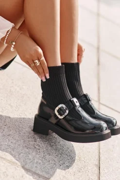 Botki Ocieplane|Czarne Botki>Damskie buty S.Barski Lakierowane Botki Ze Skarpetą I Klamrą Wsuwane MR880-076 Czarne