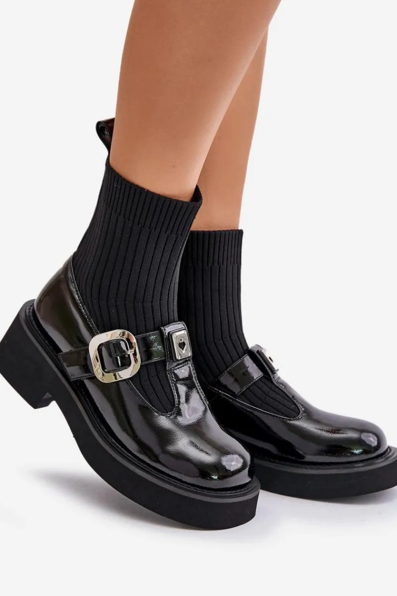 Botki Ocieplane|Czarne Botki>Damskie buty S.Barski Lakierowane Botki Ze Skarpetą I Klamrą Wsuwane MR880-076 Czarne