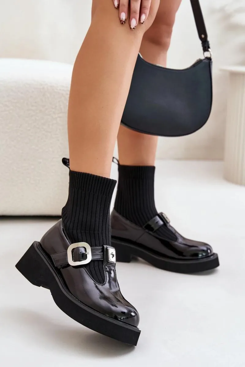 Botki Ocieplane|Czarne Botki>Damskie buty S.Barski Lakierowane Botki Ze Skarpetą I Klamrą Wsuwane MR880-076 Czarne
