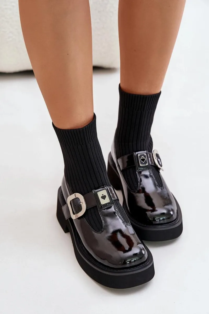 Botki Ocieplane|Czarne Botki>Damskie buty S.Barski Lakierowane Botki Ze Skarpetą I Klamrą Wsuwane MR880-076 Czarne