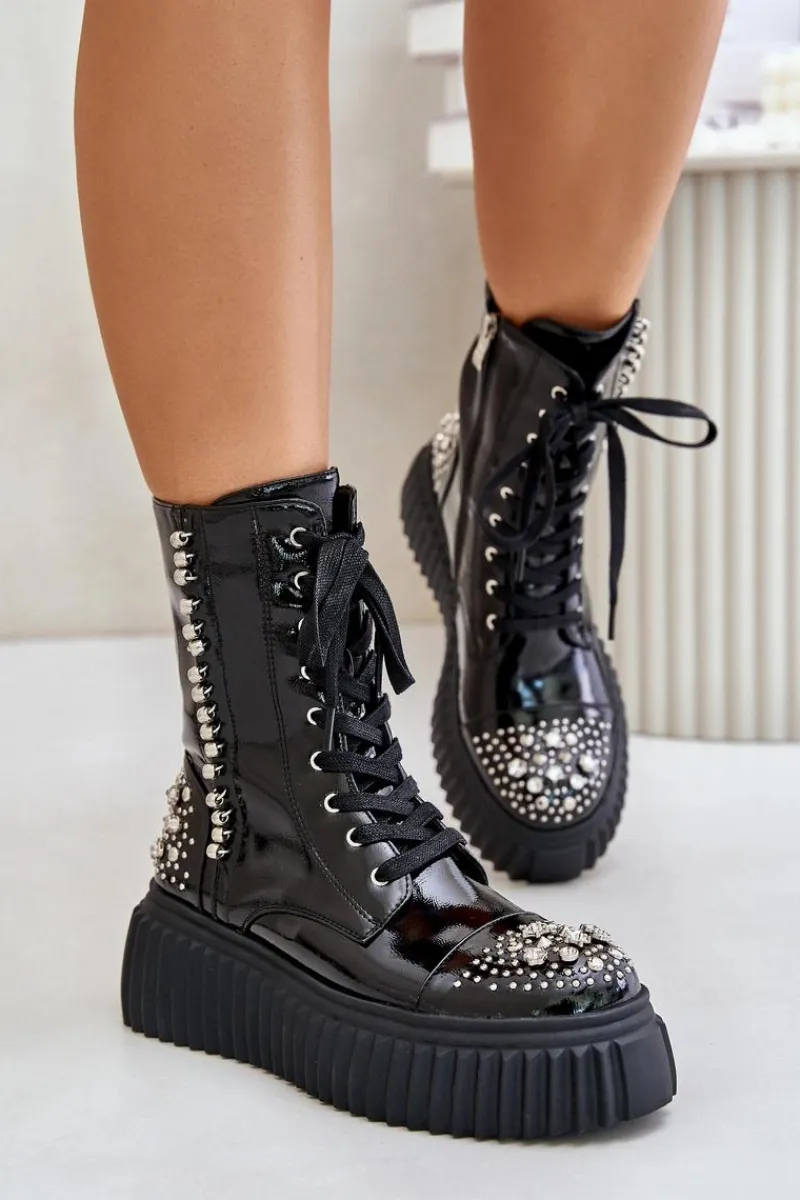 Botki Na Koturnie|Botki Sznurowane>Damskie buty S.Barski Lakierowane Botki Ze Zdobieniem Na Platformie D&A MR880-079 Czarne