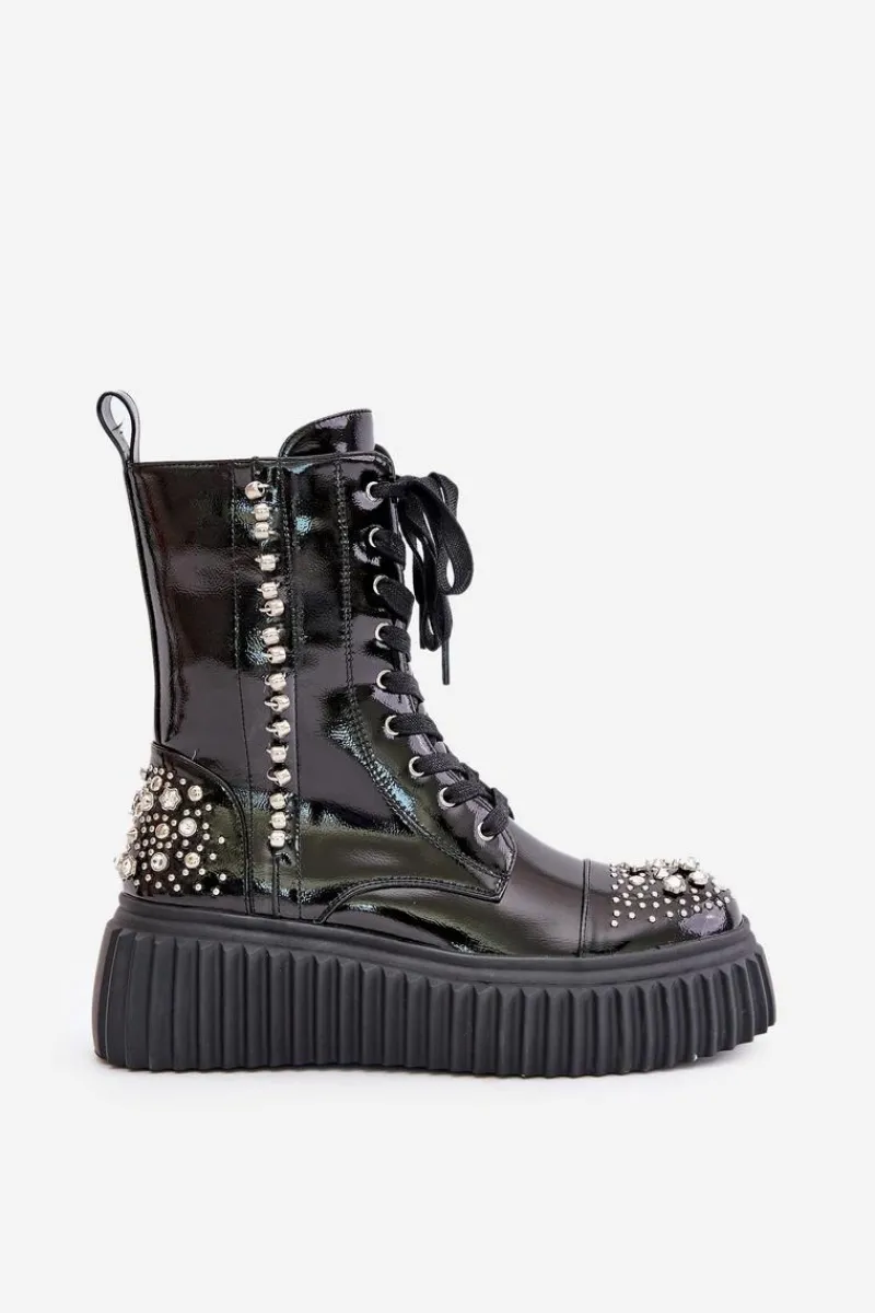 Botki Na Koturnie|Botki Sznurowane>Damskie buty S.Barski Lakierowane Botki Ze Zdobieniem Na Platformie D&A MR880-079 Czarne