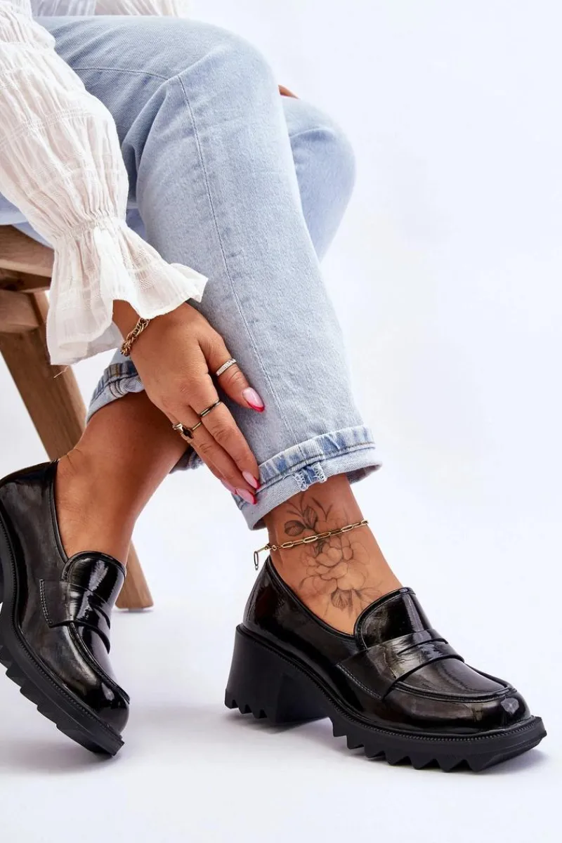 Clearance Damskie buty S.Barski Lakierowane Czółenka Mokasyny Na Obcasie Czarne Jay